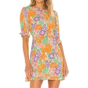 Faithfull The Brand NWT Florence Floral Puff Sleeve Tie Waist Mini Dress Sz 4